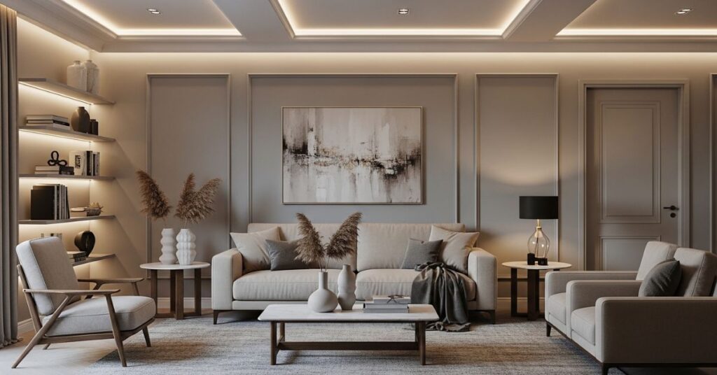 Contemporary Neutral Living Room with Accent Lighting