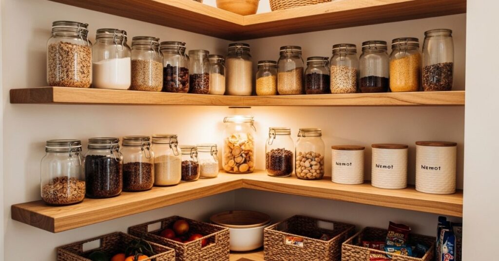 Corner Pantry with Custom Wooden Shelves