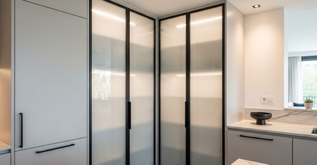 Corner Pantry with Frosted Glass Panels