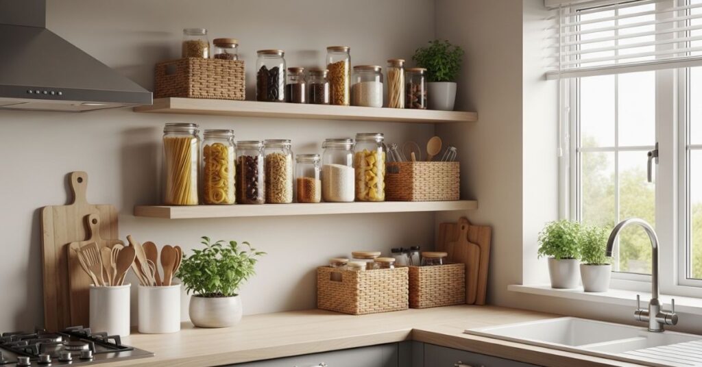 Corner Pantry with Open Floating Shelves