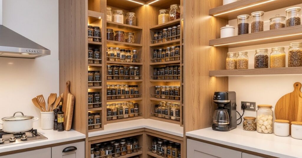Corner Pantry with Spice Rack Integration