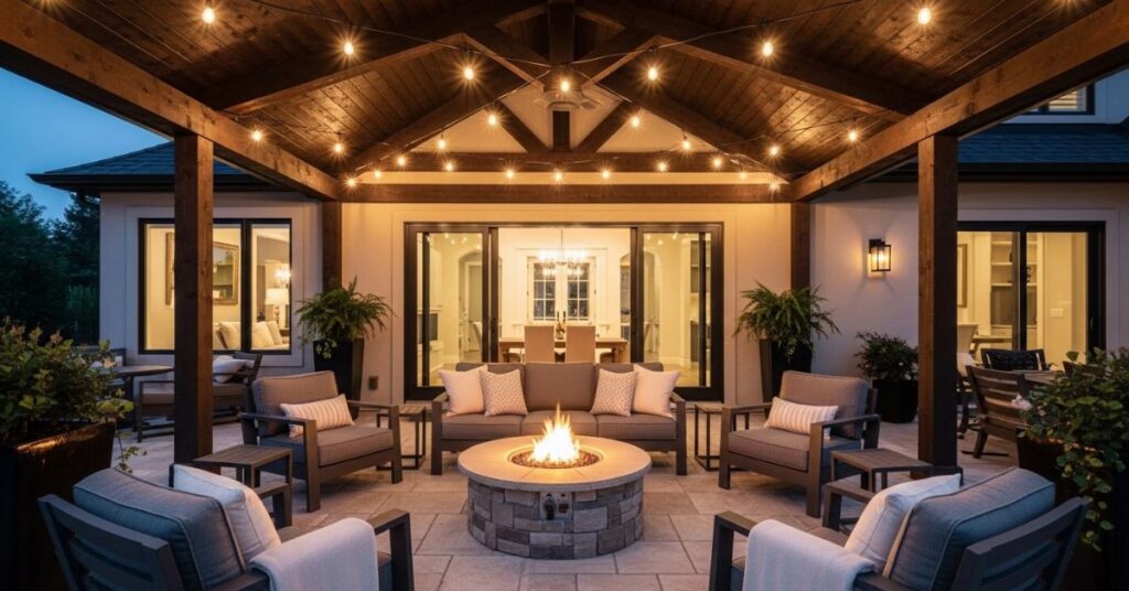 Covered Patio Fire Pit Seating Area