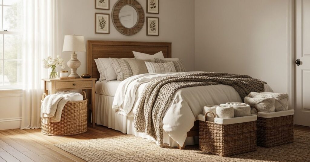 Cozy Farmhouse Bedroom Ideas Featuring Woven Baskets for Storage