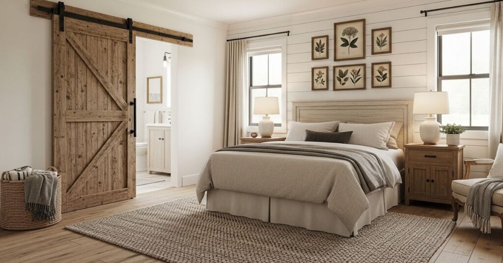 Cozy Farmhouse Bedroom Ideas Using Barn Door Elements