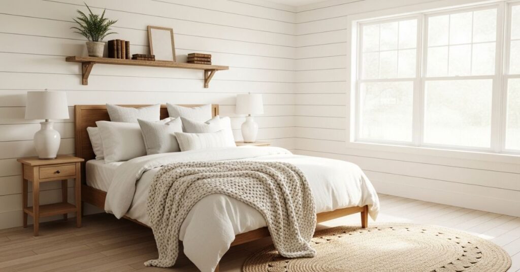 Cozy Farmhouse Bedroom Ideas Using Shiplap Walls