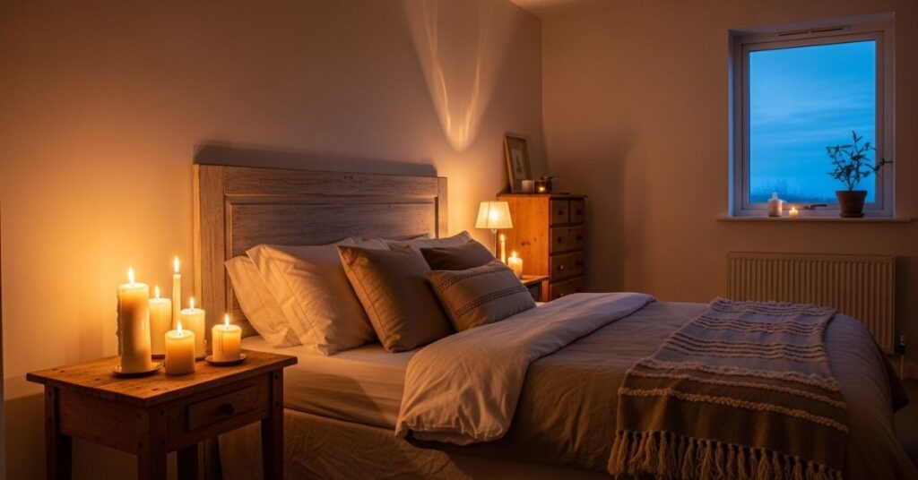 Cozy Farmhouse Bedroom Ideas with Candles and Ambient Lighting