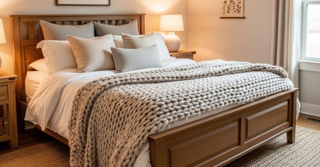 Cozy Farmhouse Bedroom Ideas with Chunky Knit Throws