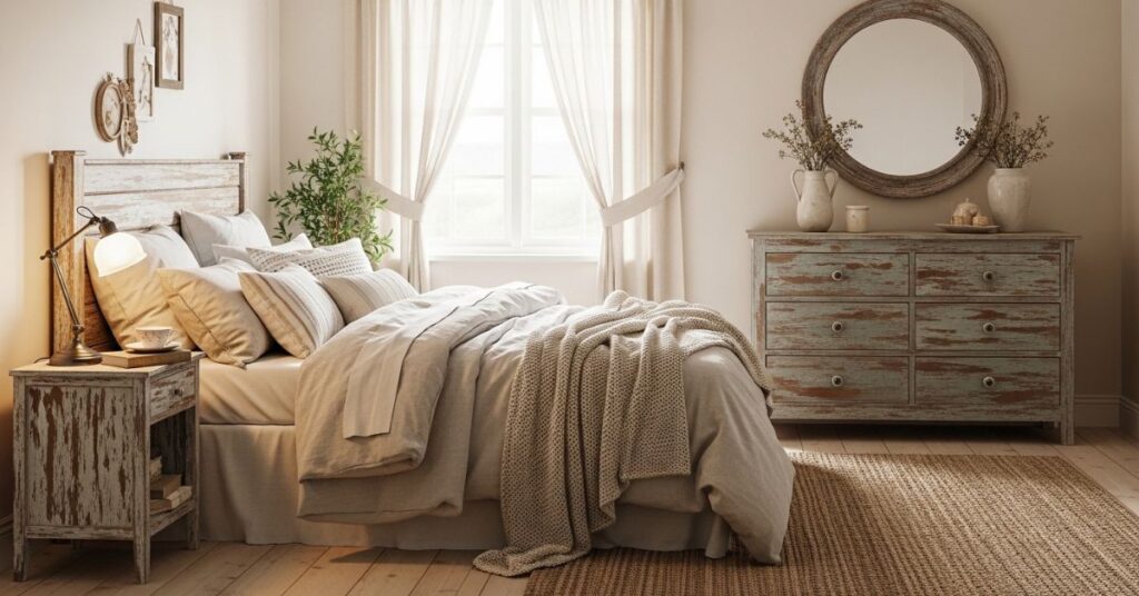 Cozy Farmhouse Bedroom Ideas with Distressed Furniture Finishes