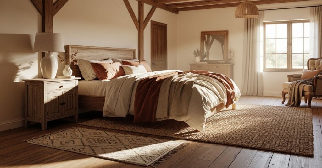 Cozy Farmhouse Bedroom Ideas with Layered Rugs for Warmth
