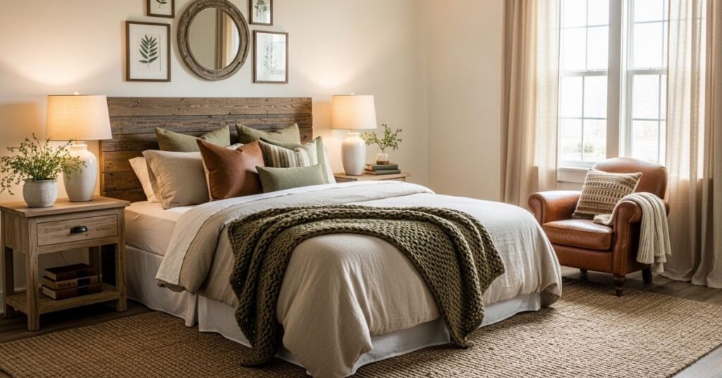 Cozy Farmhouse Bedroom Ideas with Soft Earth Tone Accents
