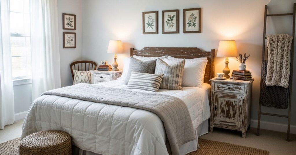 Cozy Farmhouse Bedroom Ideas with Vintage Nightstands