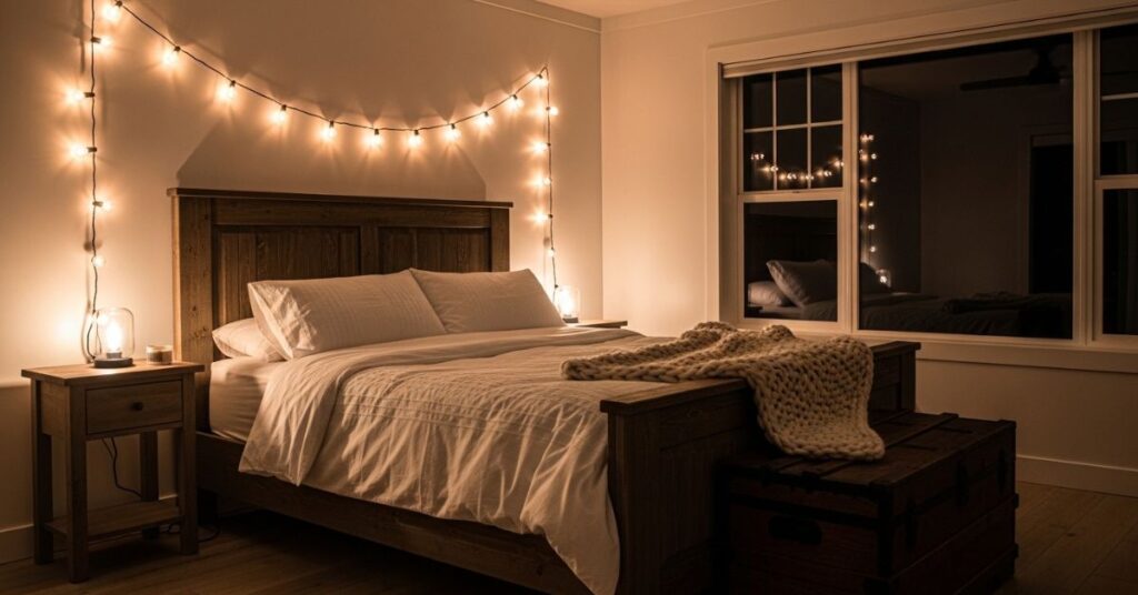 Cozy Farmhouse Bedroom Ideas with Warm String Lighting