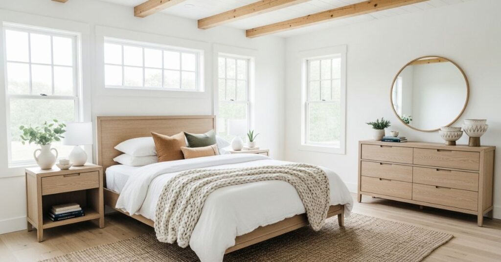Cozy Farmhouse Bedroom Ideas with White and Wood Contrast