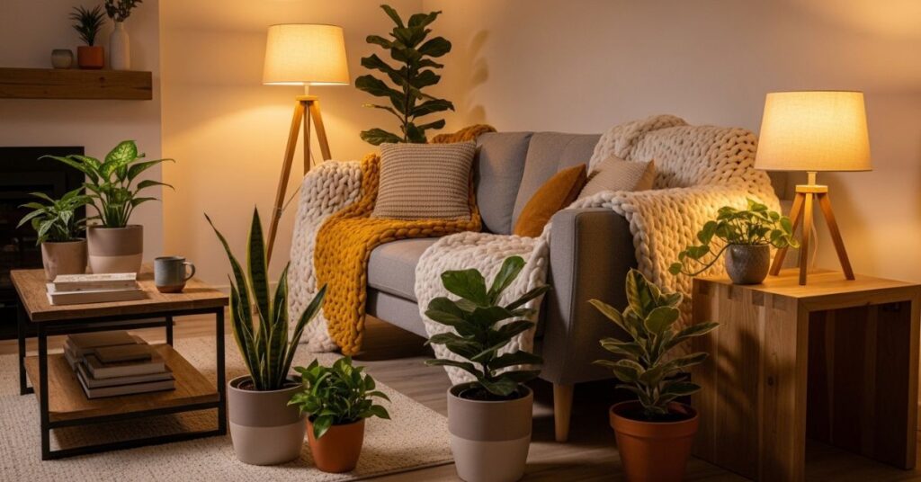 Cozy Living Room With Plants and Warm Lighting