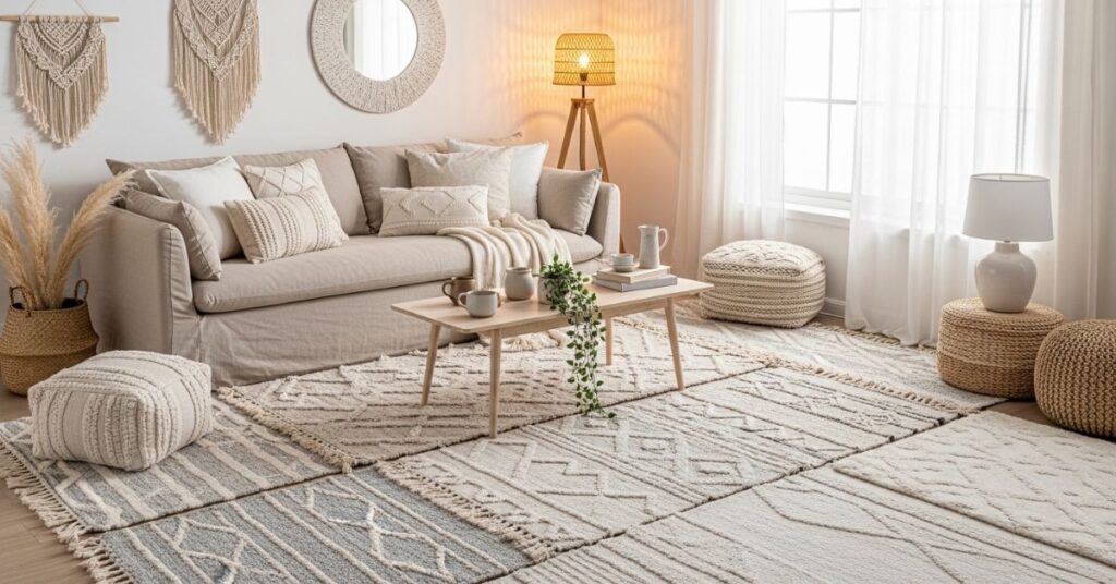 Cozy Neutral Living Room with Layered Rugs