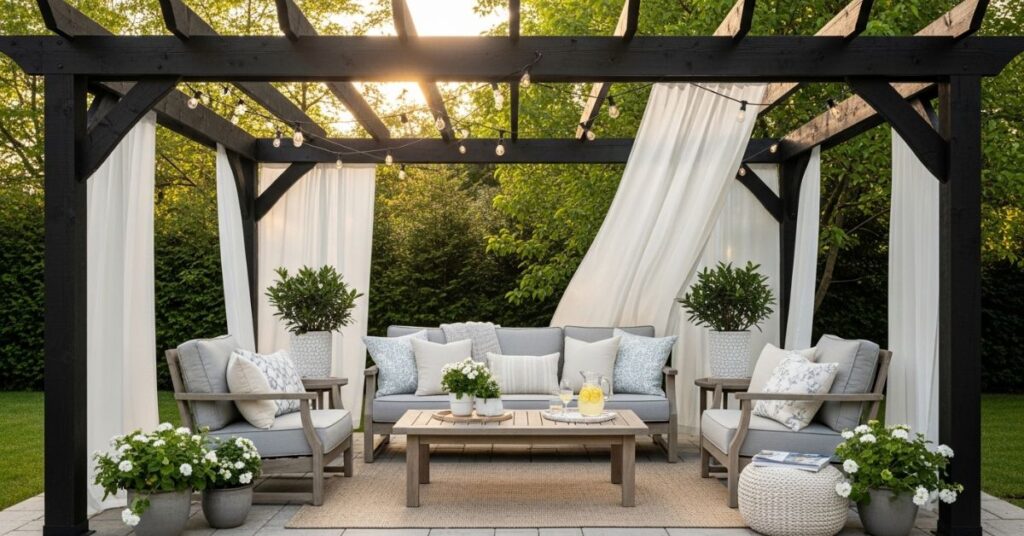 Cozy Pergola with Draped Curtains