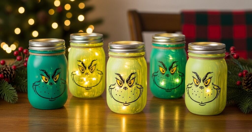 DIY Grinch Mason Jars with Fairy Lights