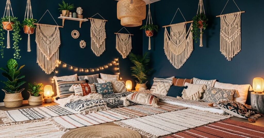 Dark Blue Bedroom with Boho Decor