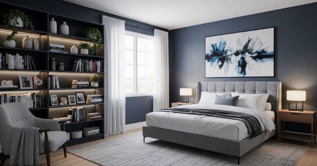 Dark Blue Bedroom with Built-in Shelves
