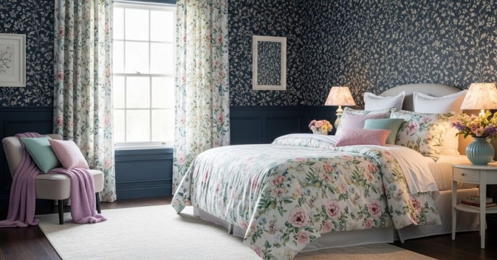 Dark Blue Bedroom with Floral Patterns