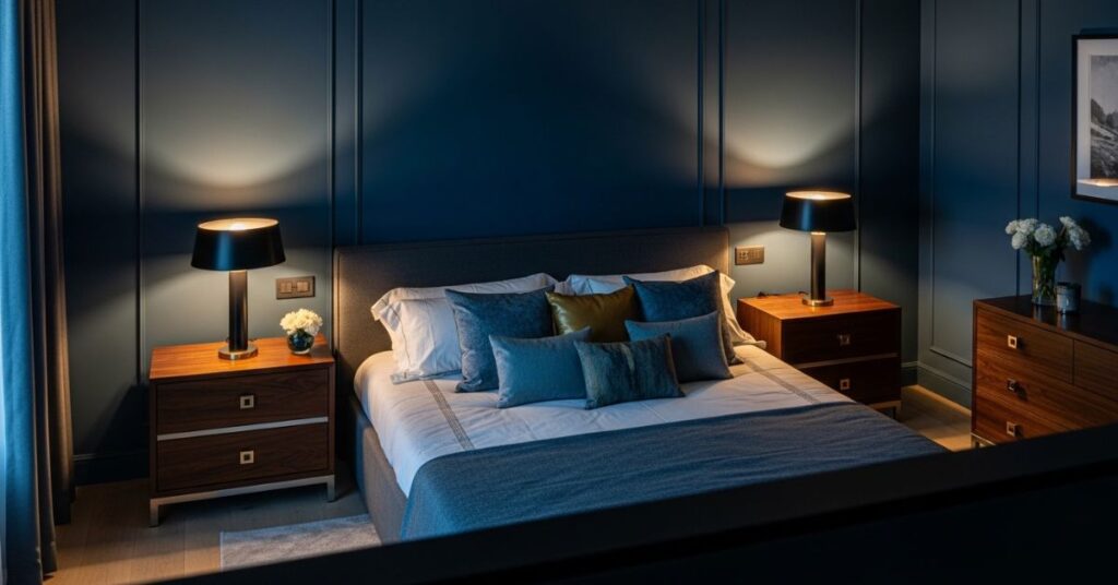 Dark Blue Bedroom with Metallic Finishes
