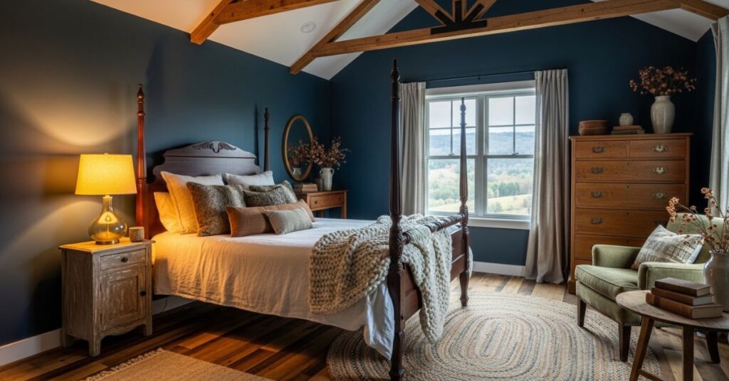 Dark Blue Bedroom with Rustic Elements