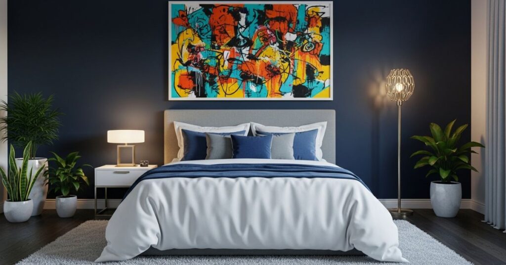 Dark Blue Bedroom with Statement Art