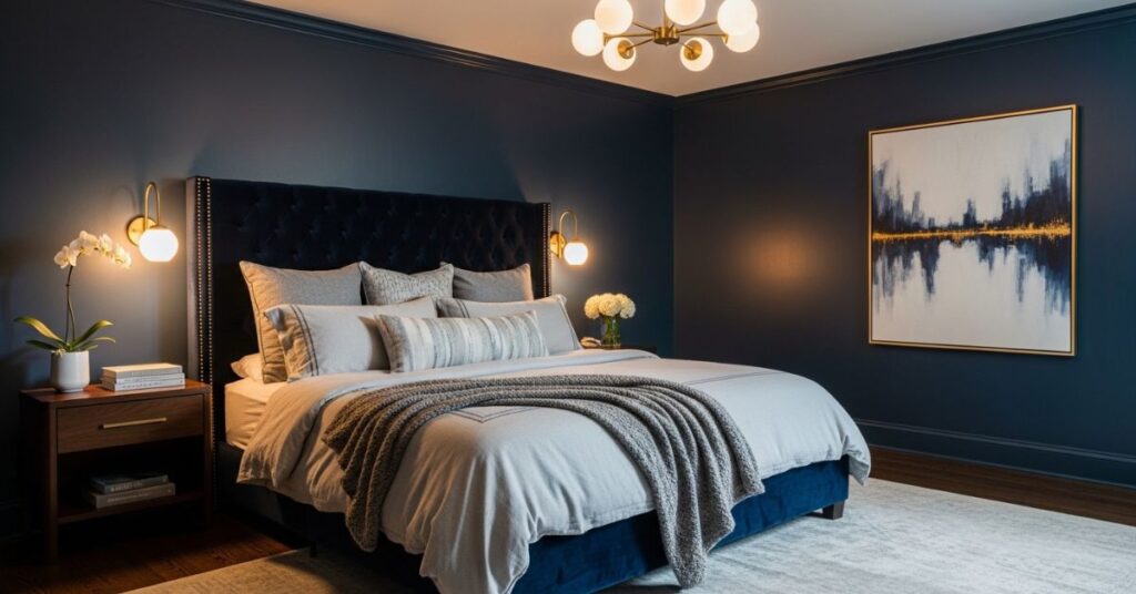 Dark Blue Bedroom with Velvet Headboard