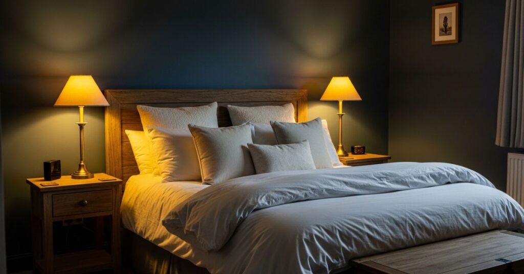 Dark Blue Bedroom with Warm Lighting