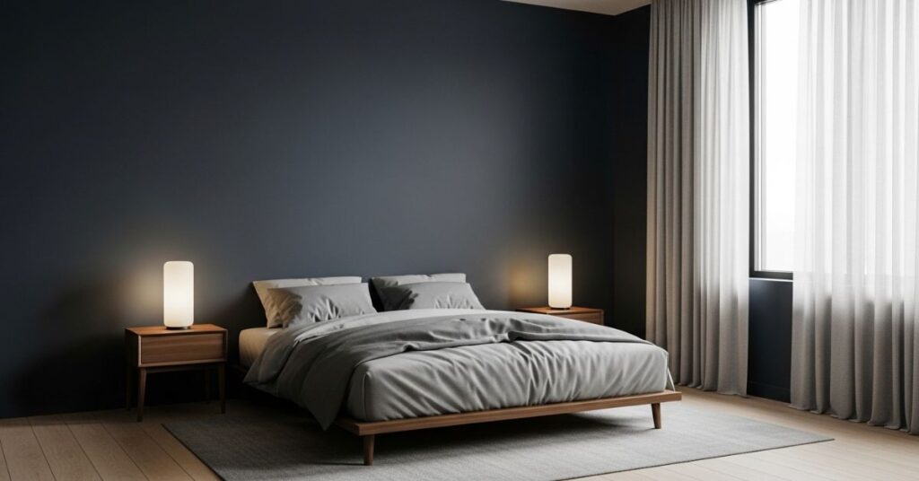 . Dark Blue and Grey Minimalist Bedroom
