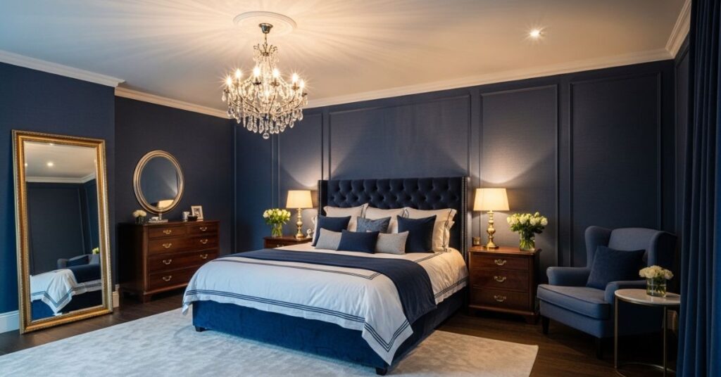 Dark Blue Bedroom with Soft Pastel Contrast