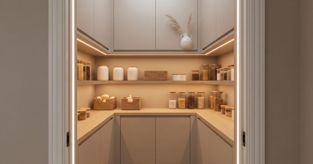 Elegant Neutral Tone Corner Pantry