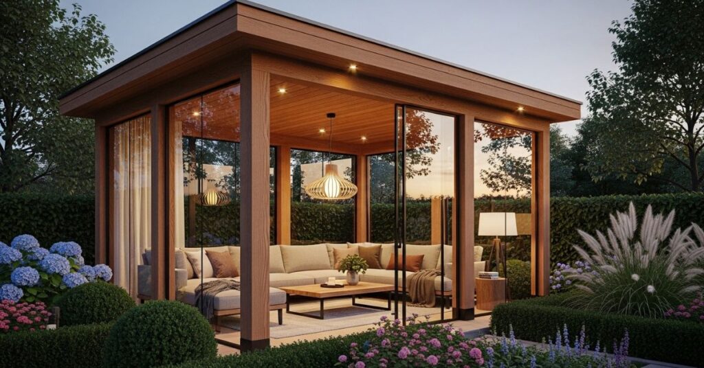 Enclosed Wooden Gazebo with Glass Panels