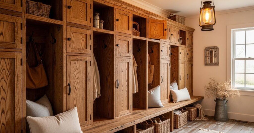 Farmhouse Style Mudroom Lockers with Wood Finish