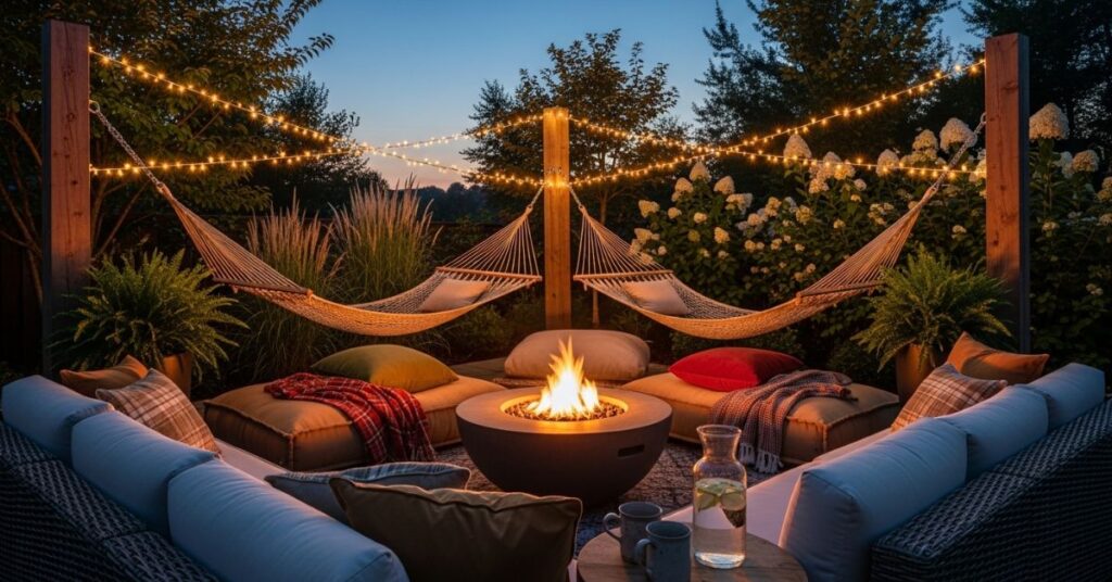 Fire Pit Lounge with Hammock Relaxation Corner