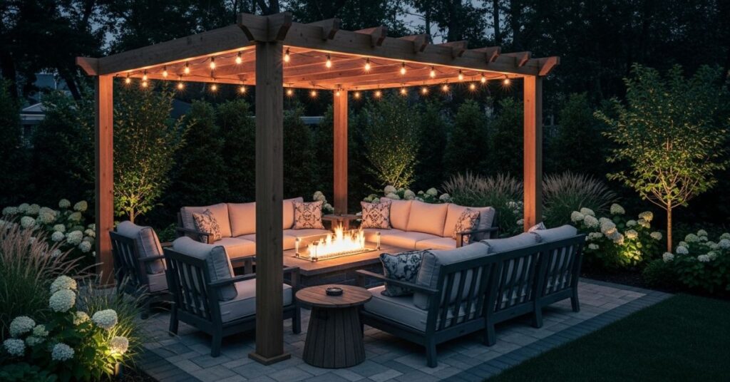 Fire Pit Lounge with Pergola Shade Cover