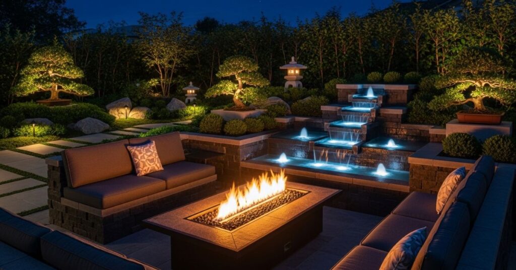 Fire Pit Lounge with Water Feature Accent