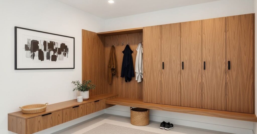 Floating Bench Mudroom Locker Design