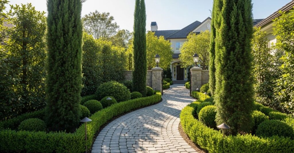 Framing the Entryway with Trees or Hedges