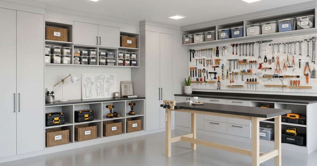 Garage with Built-In Wall Storage Cabinets