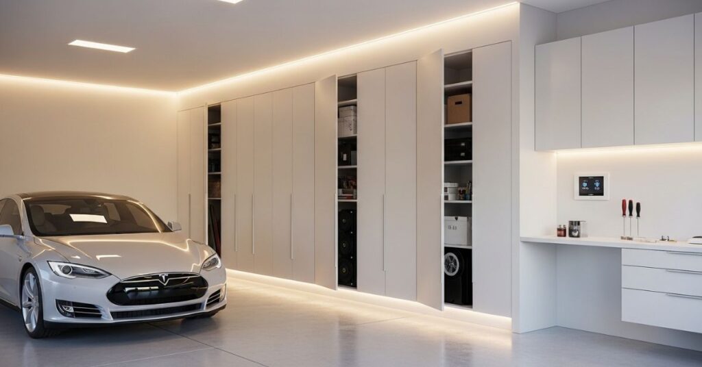 Garage with Hidden Storage Compartments