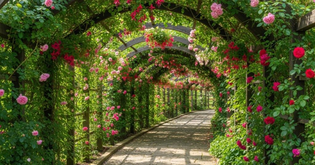 Garden Wooden Pergola Covered with Climbing Plants and Vines