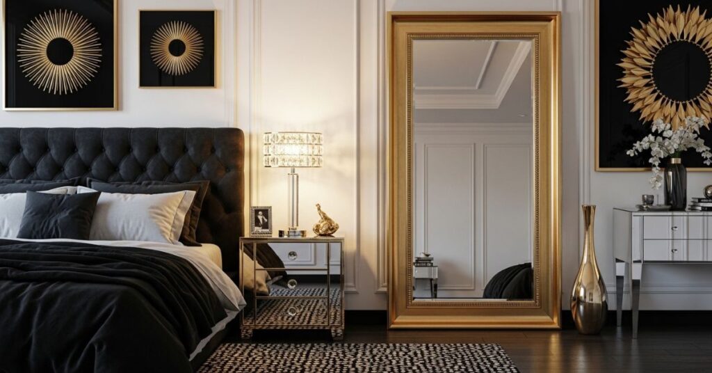 Glam Bedroom Decor with Gold Accents and Mirrors