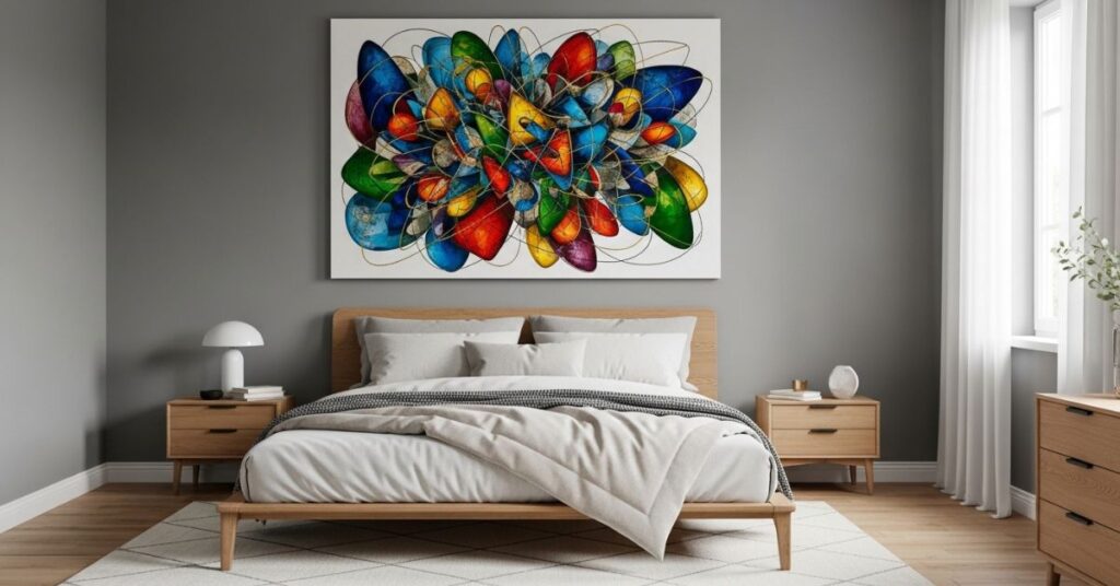 Gray Bedroom Walls with Bold Art Pieces