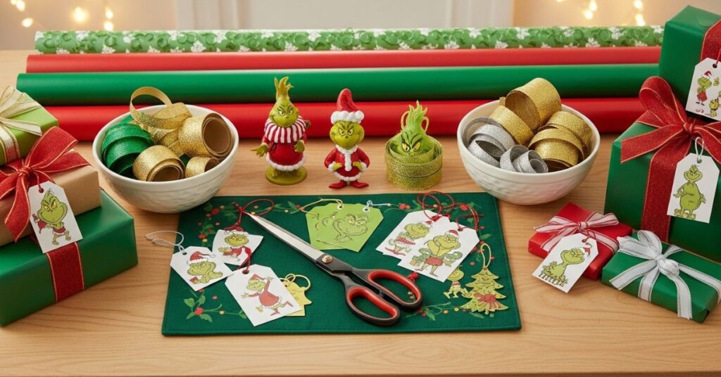Grinch Gift Wrapping Station Setup