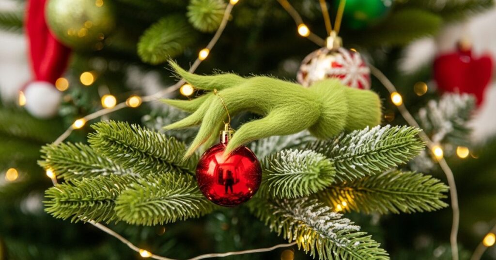 Grinch Hand Ornament Hanging from the Tree