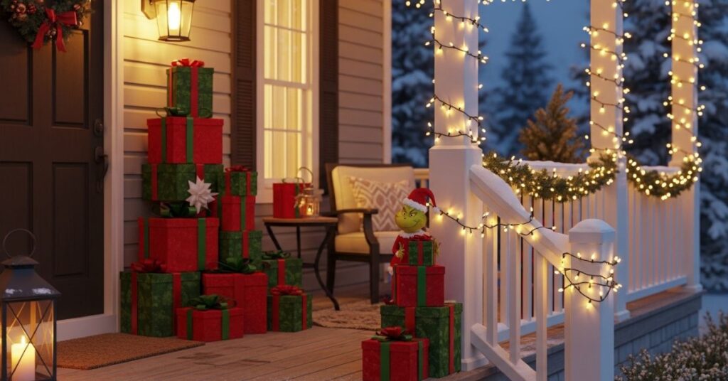 Grinch Porch Setup with Gift Boxes & Lights