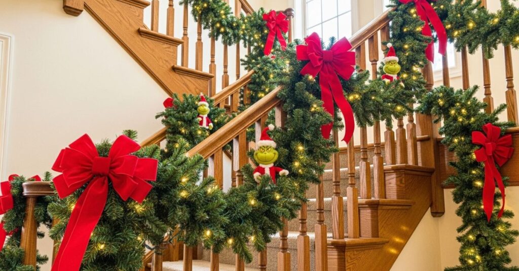 Grinch Staircase Garland with Red Ribbon Pops