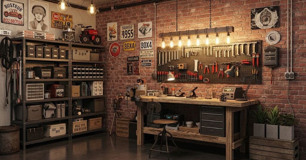Industrial Style Garage with Exposed Brick