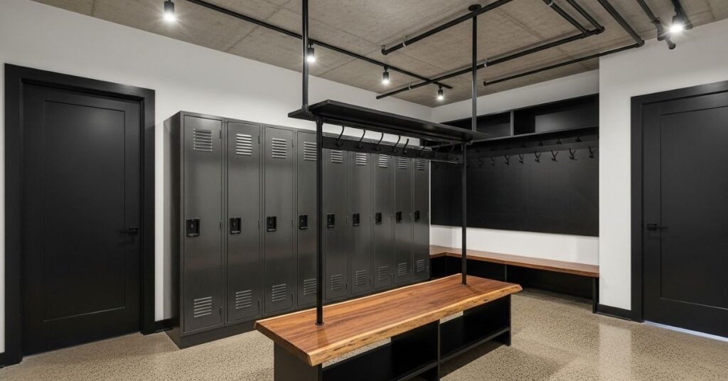 Industrial Style Mudroom Lockers with Black Accents